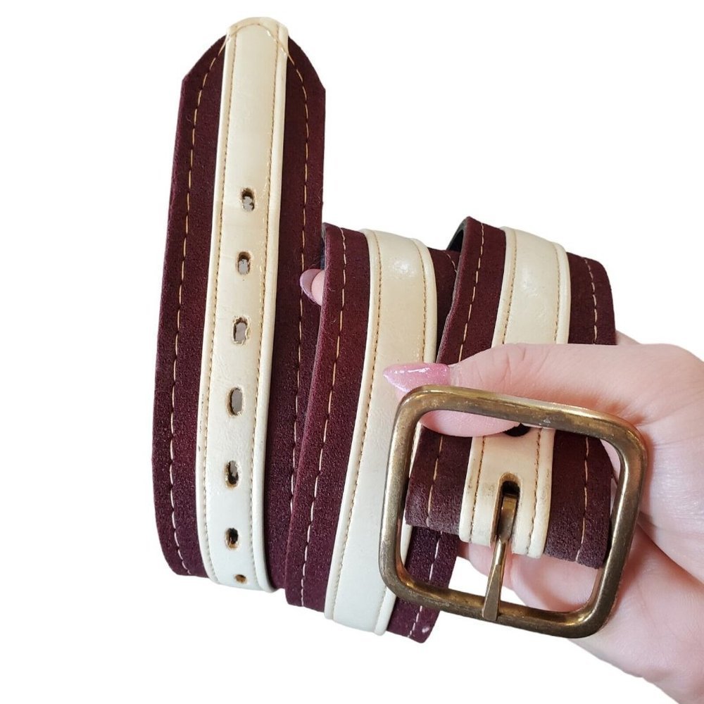 Vintage 70s 80s Vegan Leather Suede Brown Cream Brass Buckle 28-33" Unisex 1.75